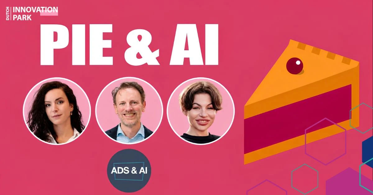 Roze aankondiging van Pie & AI met portretten van de drie sprekers, onder wie Jeroen Derwort, en een geïllustreerd taartpuntje